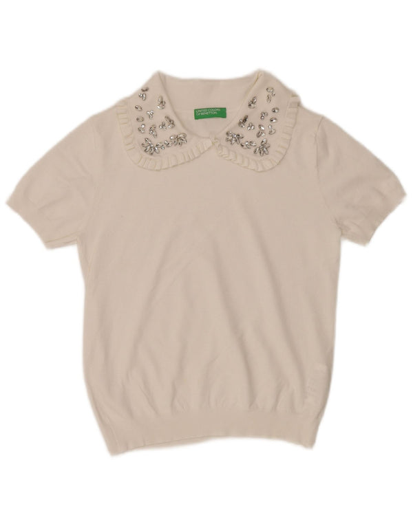 Damski sweter polo z krótkim rękawem Benetton UK 6 XS, biała bawełna