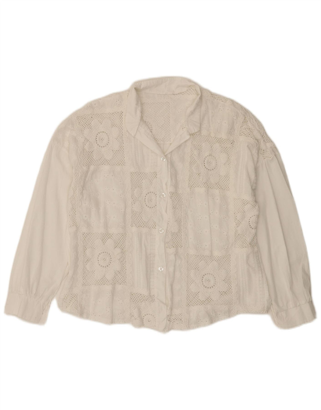 Damska bluzka koszulowa z rękawem 3/4 VINTAGE UK 14 Średnia biała bawełniana w kwiaty