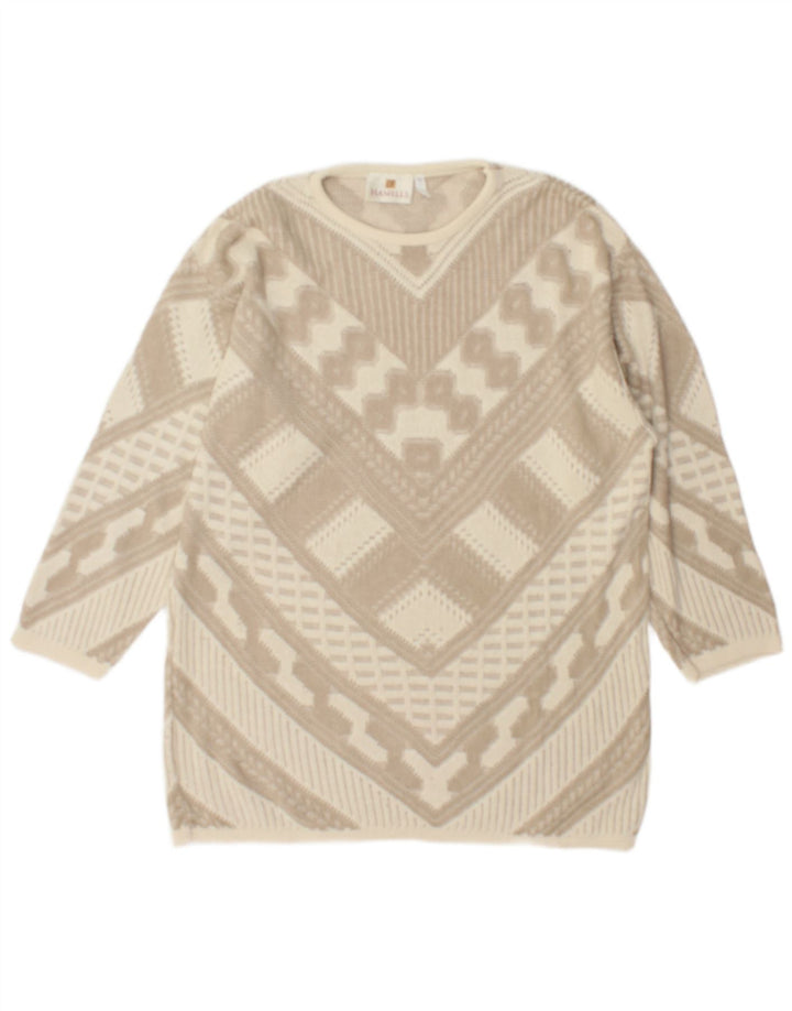 Sweter damski w stylu vintage z okrągłym dekoltem UK 12, średni beż geometryczny