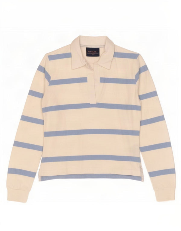 Hackett Womens Long Sleeve Polo Shirt UK 12 Medium Off White Striped Cotton