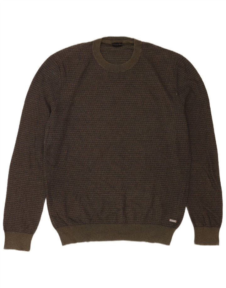 Męski sweter z okrągłym dekoltem Hugo Boss, bawełniany w kratkę w kolorze khaki