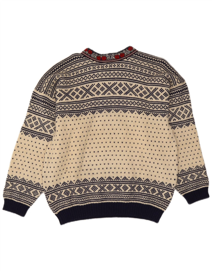 Voss Męski sweter unisex z dekoltem w kształcie litery V, średni, złamanej bieli, wełna Fair Isle