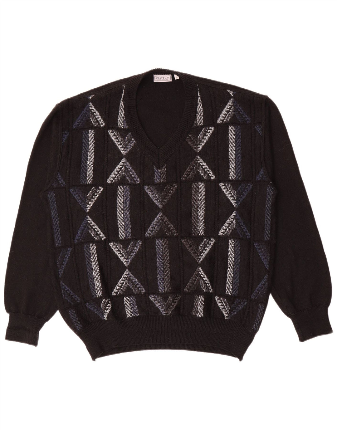 WESTBURY Męski sweter z dekoltem w kształcie litery V, XL, czarna, geometryczna wełna
