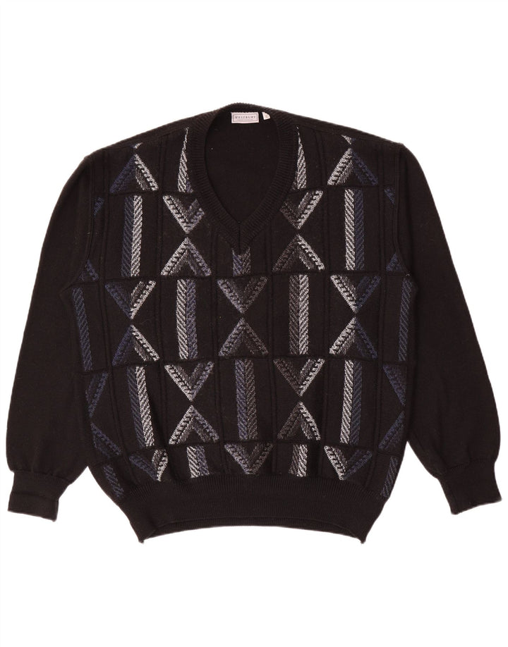WESTBURY Męski sweter z dekoltem w kształcie litery V, XL, czarna, geometryczna wełna