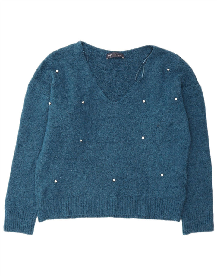 Marks & Spencer Damski sweter oversize z dekoltem w kształcie litery V, UK 10, mały niebieski