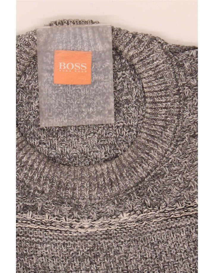 Męski sweter z okrągłym dekoltem Hugo Boss, duży, szary, bawełniany