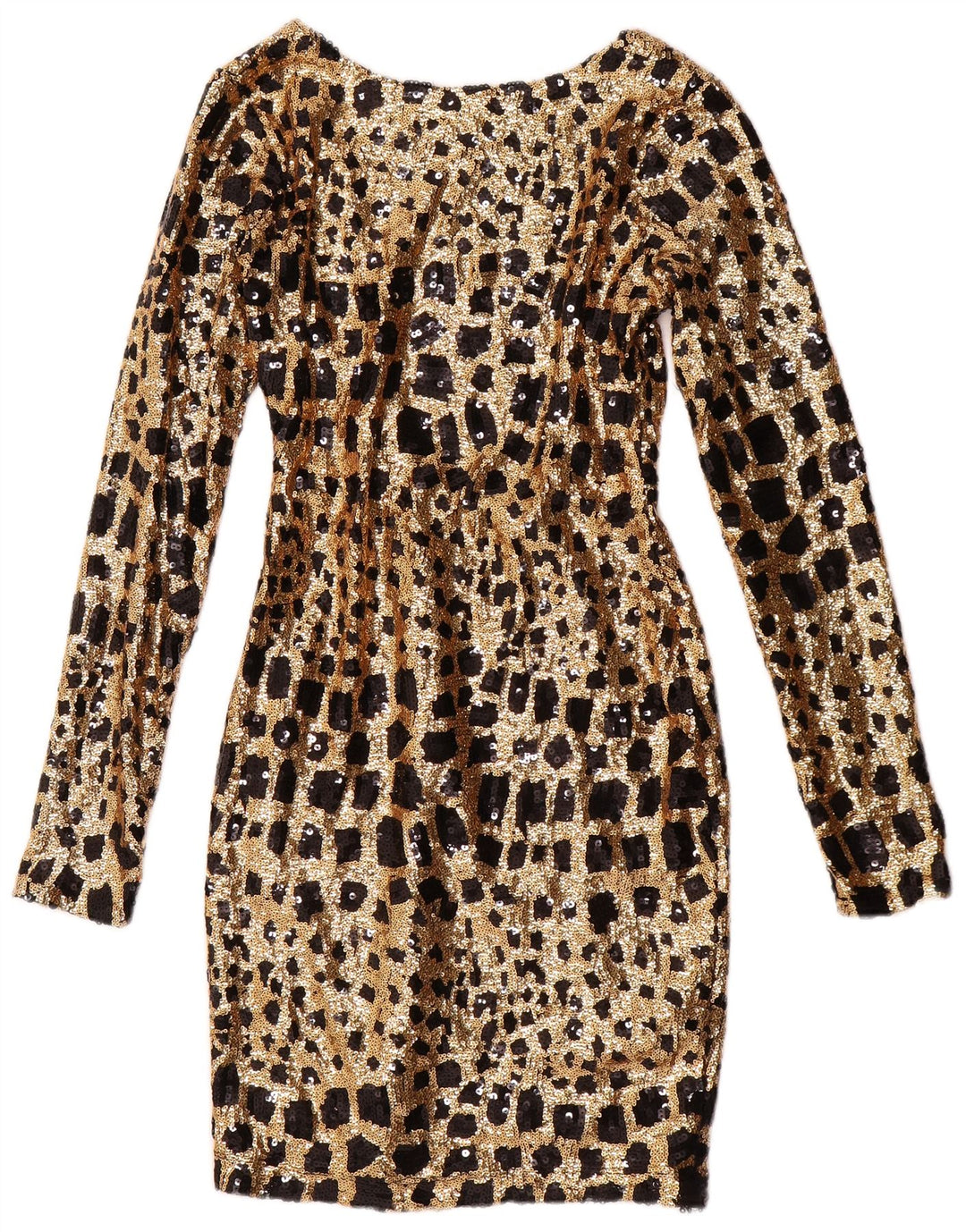 Damska obcisła sukienka GUESS z długim rękawem i cekinami, UK 6 XS, złota, geometryczna