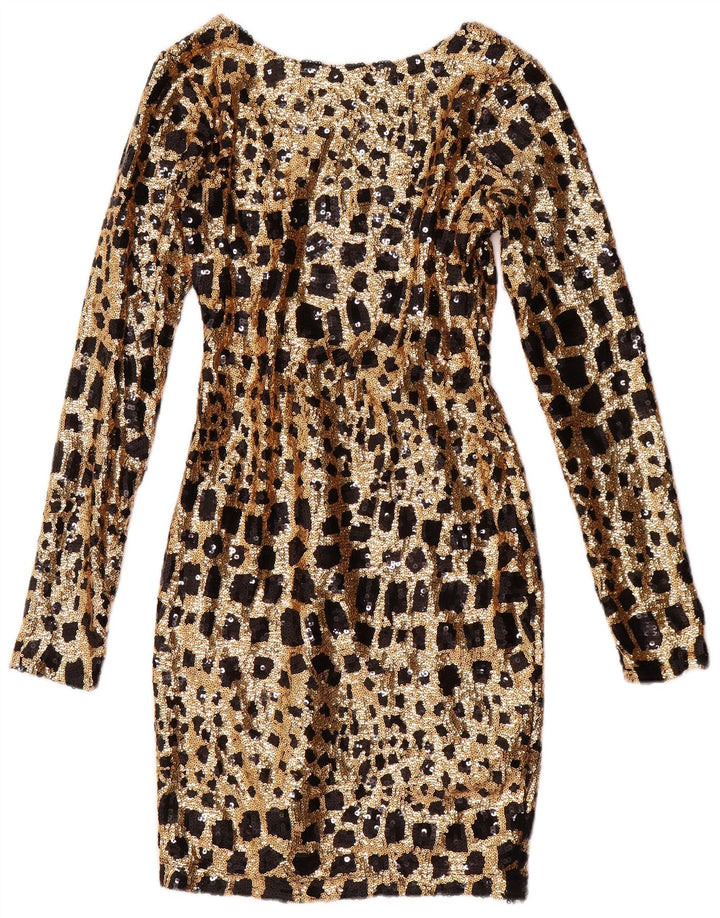 Damska obcisła sukienka GUESS z długim rękawem i cekinami, UK 6 XS, złota, geometryczna