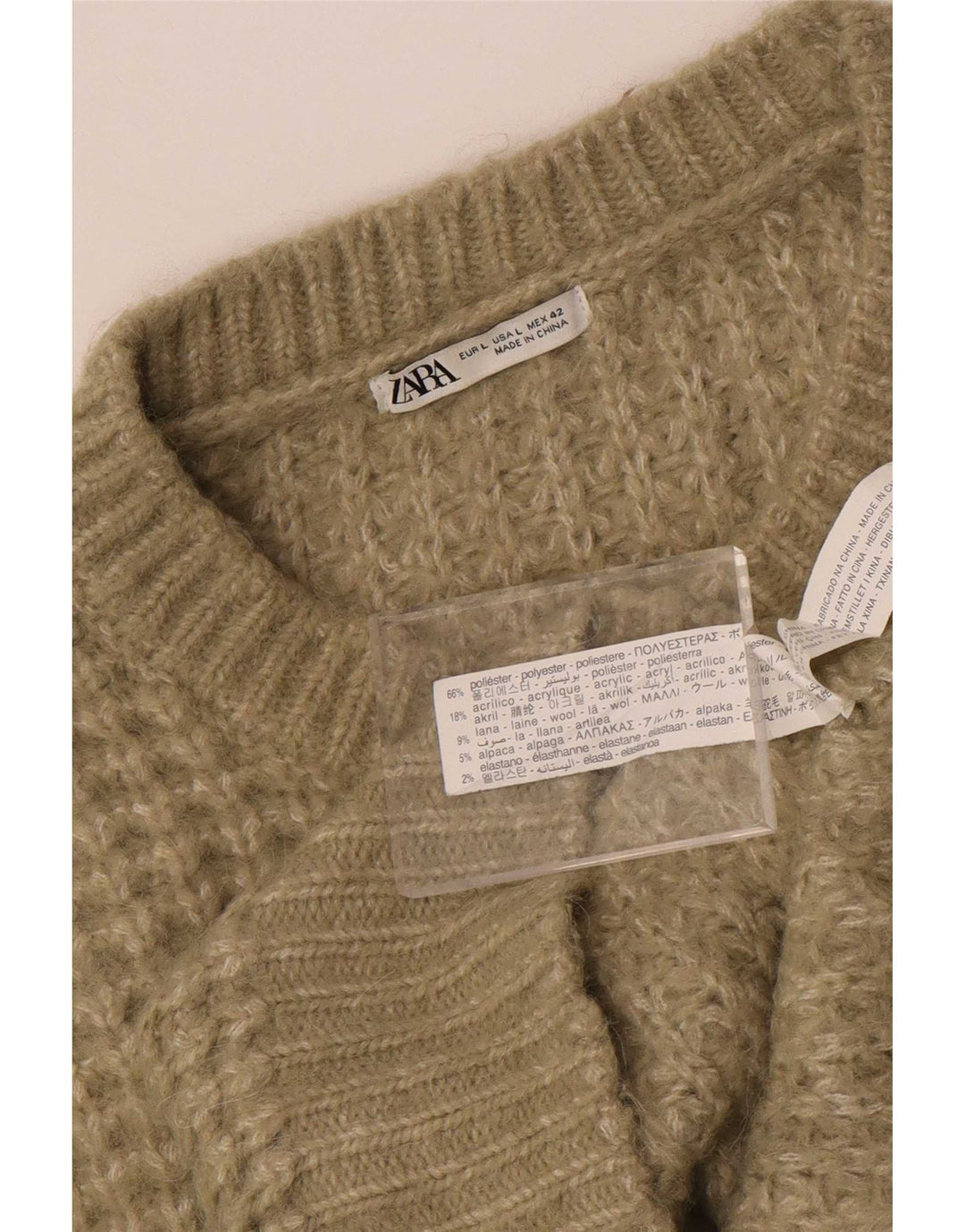 Męski sweter z okrągłym dekoltem Zara, duży, poliestrowy khaki