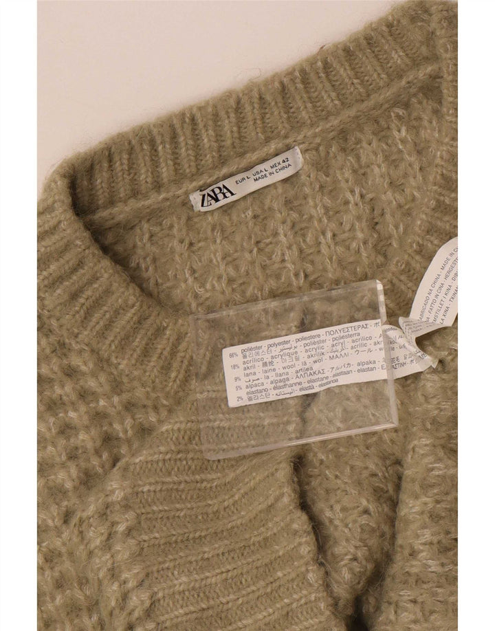 Męski sweter z okrągłym dekoltem Zara, duży, poliestrowy khaki