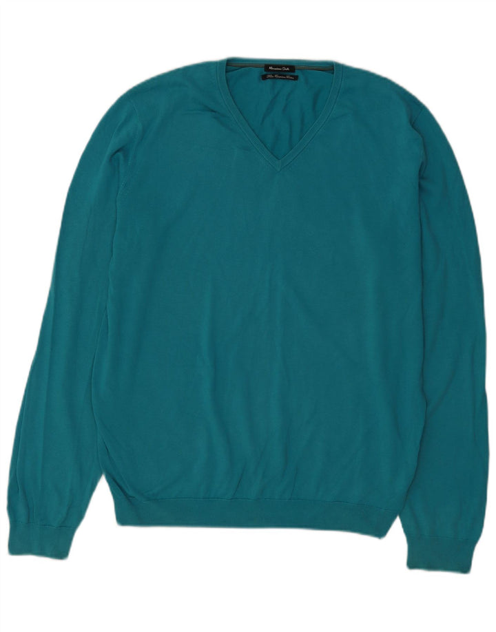 Męski sweter Massimo Dutti z dekoltem w kształcie litery V, duży, niebieski, bawełniany