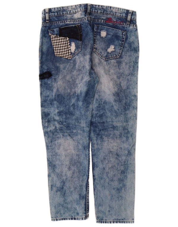 Damskie jeansy Desigual w trudnej sytuacji, zwężane W32 L28, niebieska patchworkowa bawełna