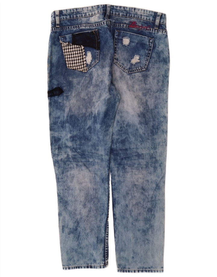 Damskie jeansy Desigual w trudnej sytuacji, zwężane W32 L28, niebieska patchworkowa bawełna