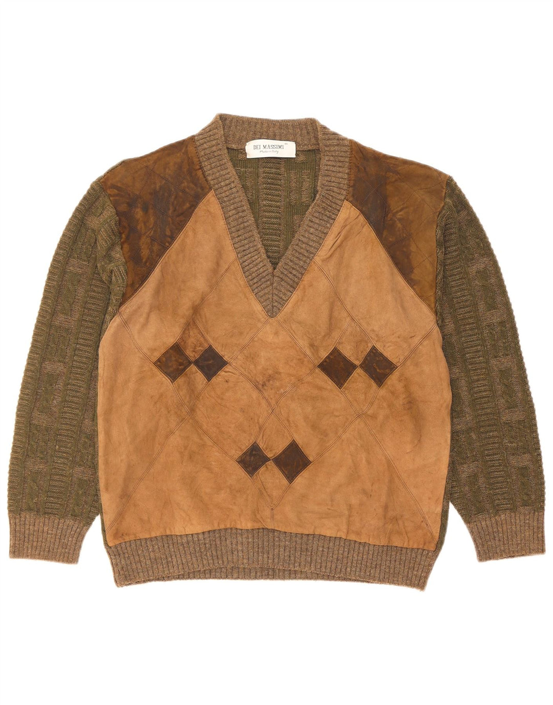 Męski sweter Dei Massimi z dekoltem w szpic IT 48 Medium Khaki Argyle/Diament