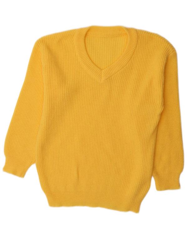 Sweter damski w stylu vintage z dekoltem w szpic, UK 16, duży, żółty poliester
