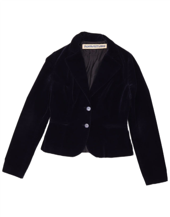 Vintage damska aksamitna marynarka zapinana na 2 guziki IT 42 Średni granatowy bawełniany