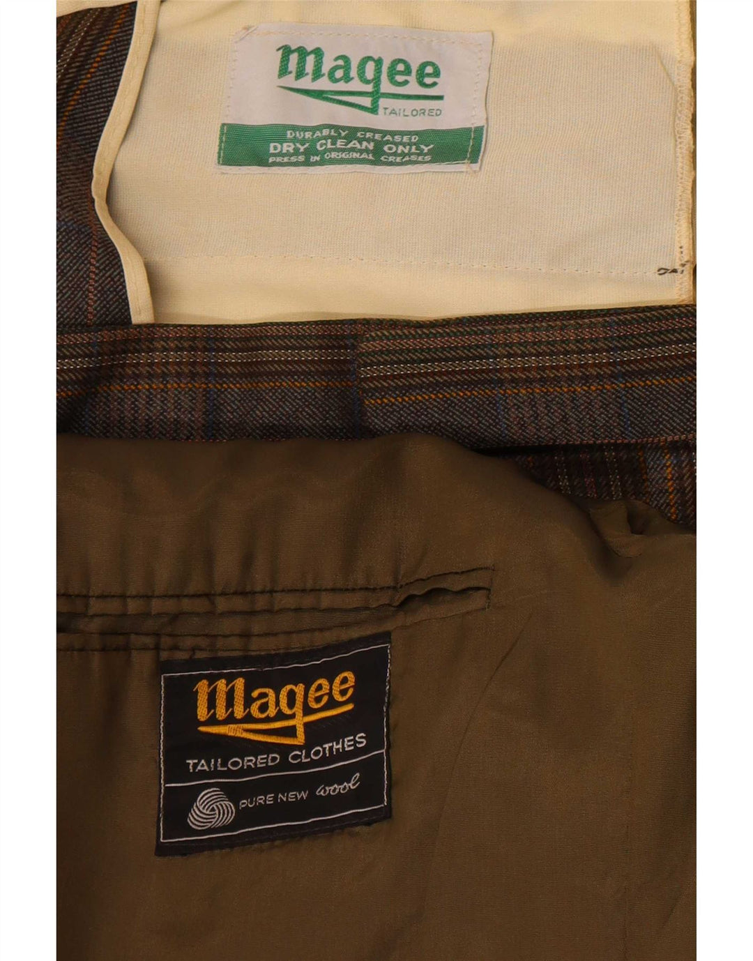 Męski garnitur zapinany na 2 guziki Magee UK 38 Medium W32 L32 Brązowa kratka z dziewiczej wełny