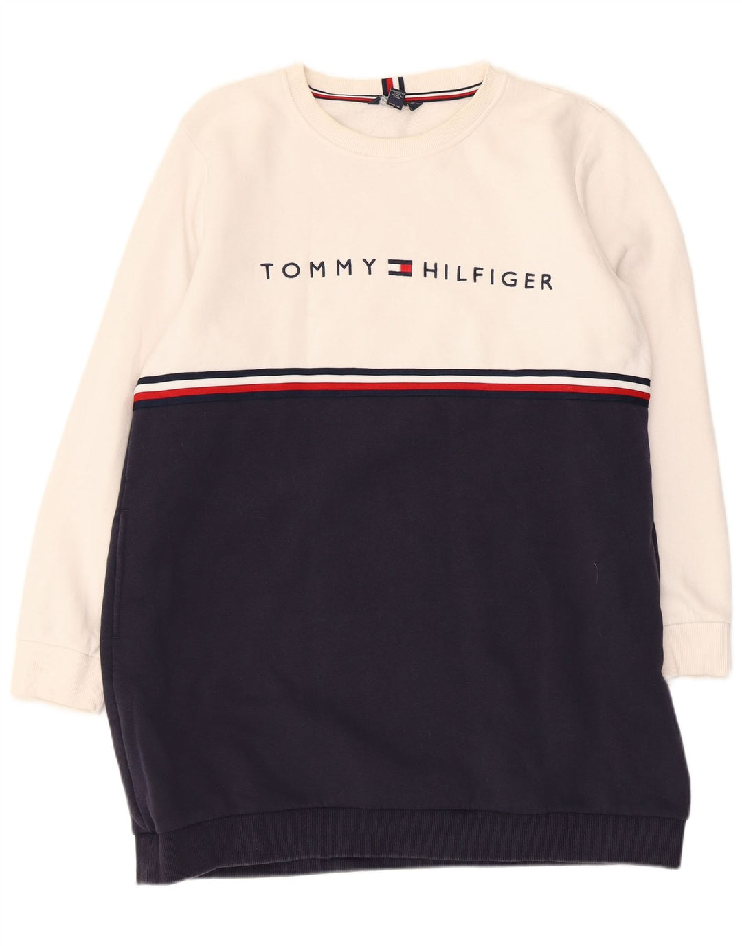 Damska sukienka sweterkowa TOMMY HILFIGER z grafiką UK 16, duża, biała, z blokami kolorów