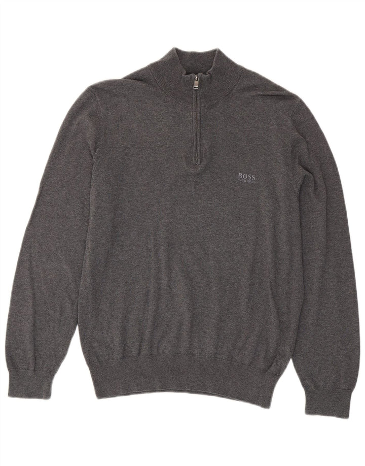 Męski sweter z zamkiem błyskawicznym Hugo Boss, mały, szary, bawełniany