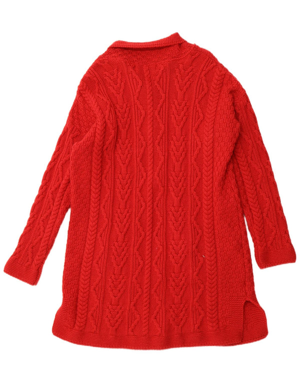 ARAN CRAFTS Womens Longline Cardigan Sweater UK 14 Medium Red Merino Wool