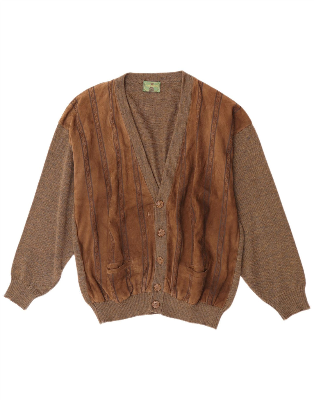 Vintage męski zamszowy sweter rozpinany, duża brązowa, geometryczna wełna