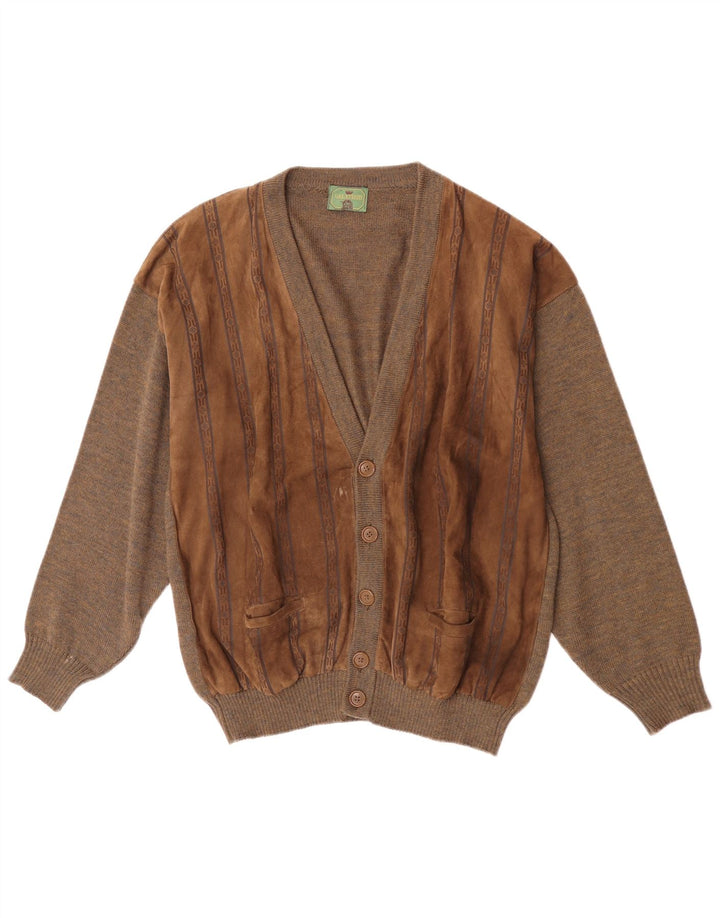 Vintage męski zamszowy sweter rozpinany, duża brązowa, geometryczna wełna