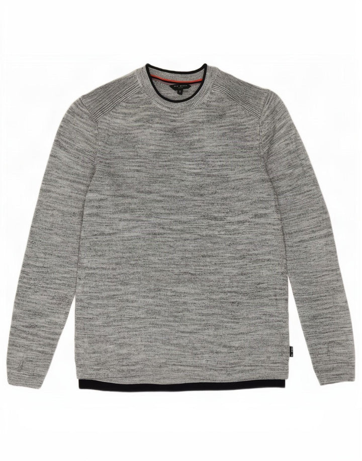 Męski sweter Ted Baker z okrągłym dekoltem, rozmiar 3, średnioszary, lniany w plamki