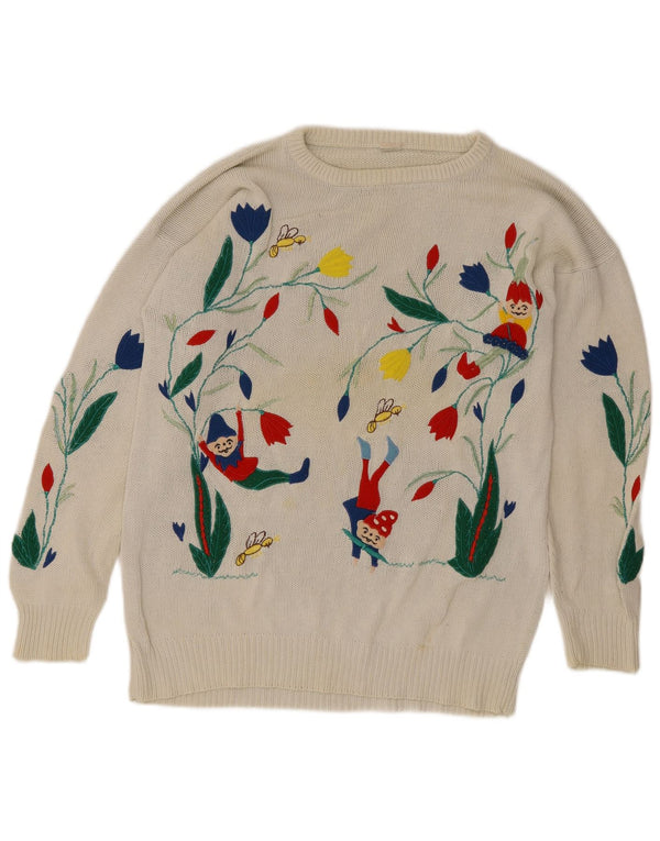 Vintage damski sweter z graficznym dekoltem w łódkę UK 14, duży, biały, kwiatowy