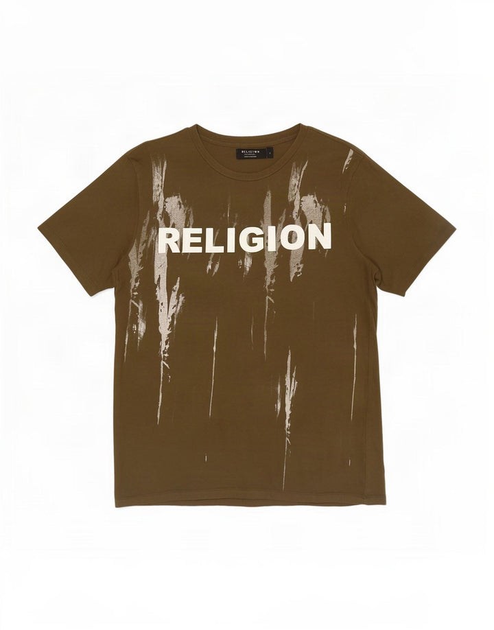 Męski T-shirt z grafiką Religia, mały, bawełniany khaki