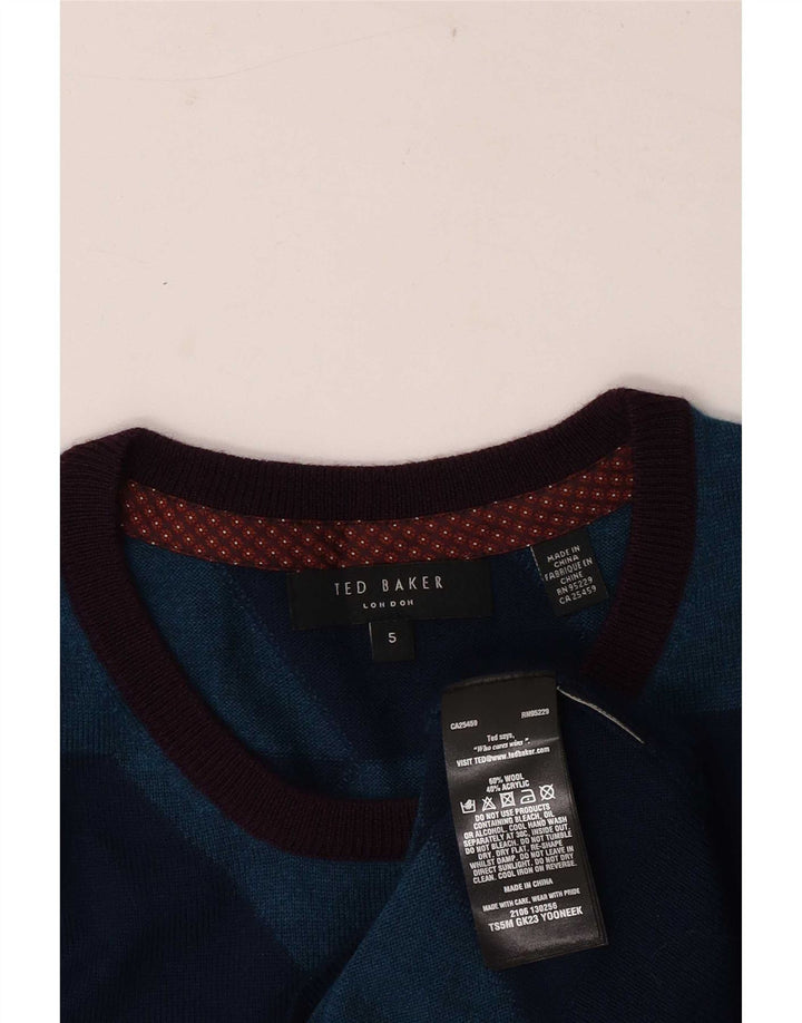 Męski sweter Ted Baker z okrągłym dekoltem, rozmiar 5 XL, niebieska, geometryczna wełna