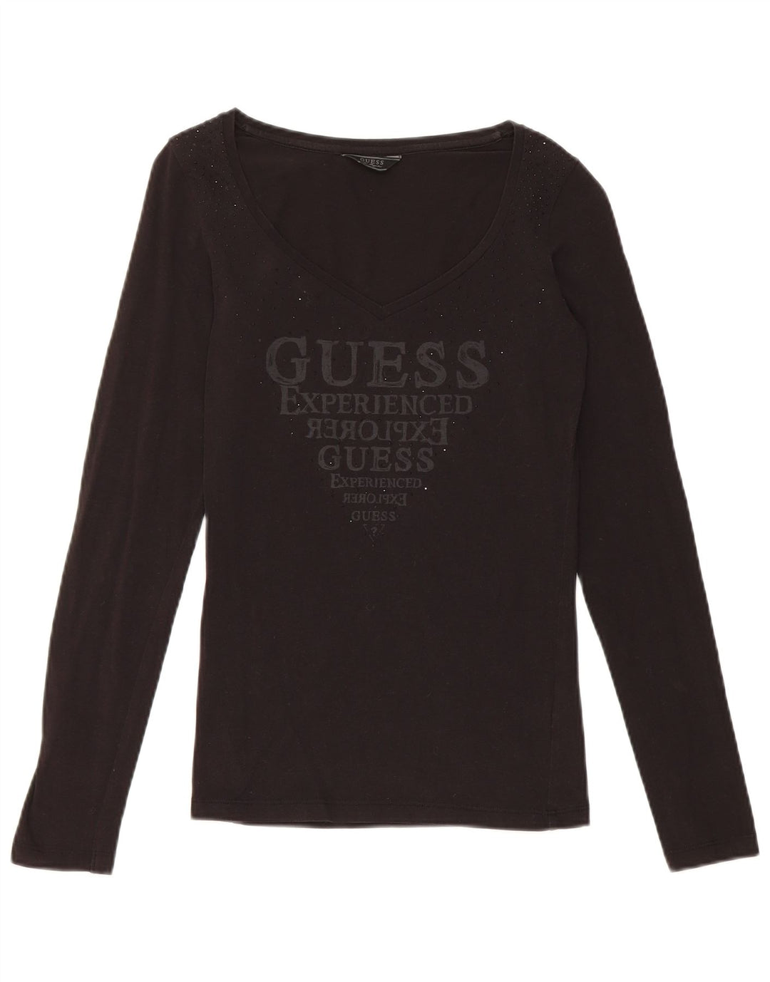 Damski top graficzny Guess z długim rękawem, UK 8, mały, czarny, bawełniany