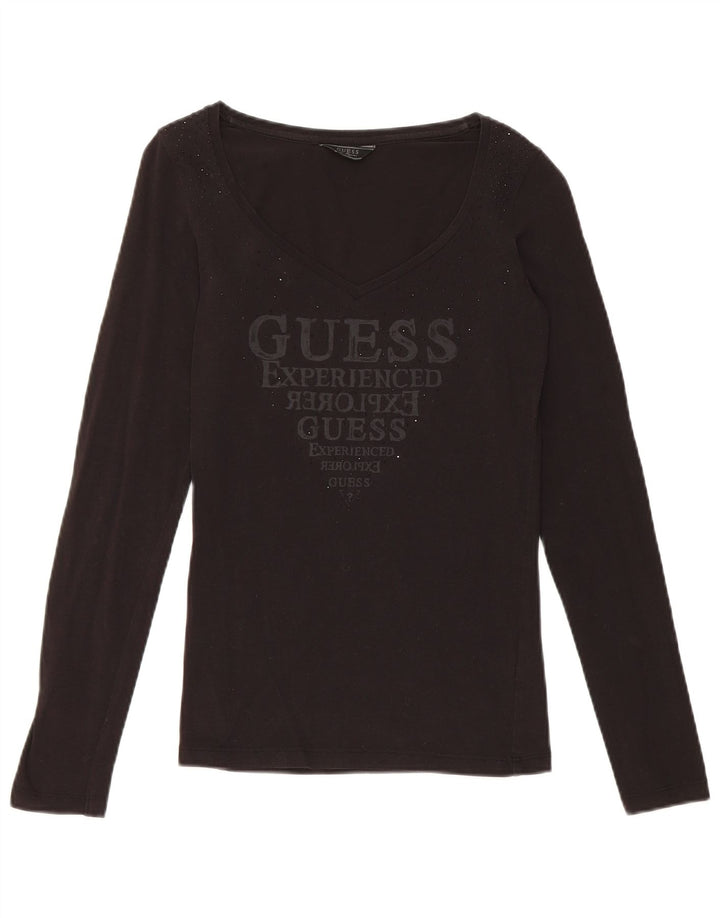 Damski top graficzny Guess z długim rękawem, UK 8, mały, czarny, bawełniany