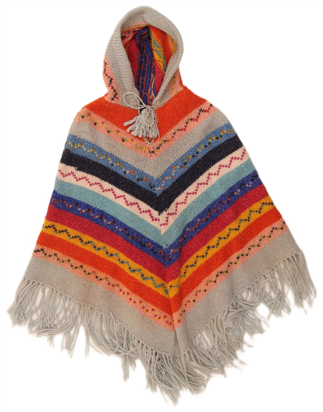 Vintage damski sweter ponczo z kapturem, jeden rozmiar, wielobarwny, geometryczny