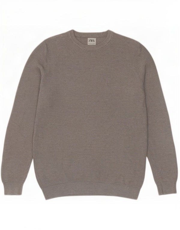 Męski sweter Zara z okrągłym dekoltem, duży, szary, bawełniany