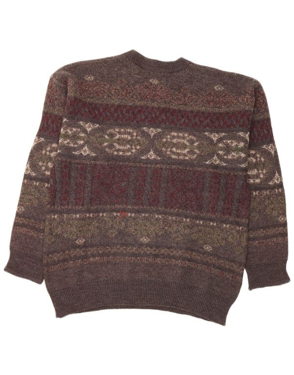 Vintage męski sweter z okrągłym dekoltem, duży, szary, wełniany Fair Isle