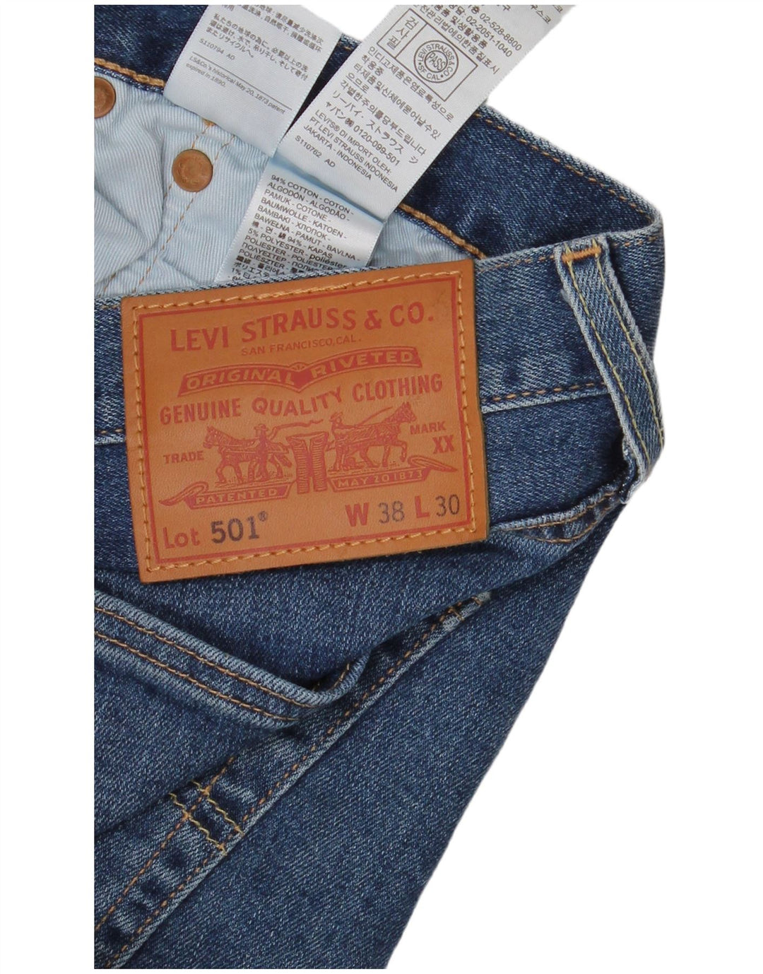 Męskie dżinsy Levi's 501, krótkie, proste, W38 L25, niebieska bawełna