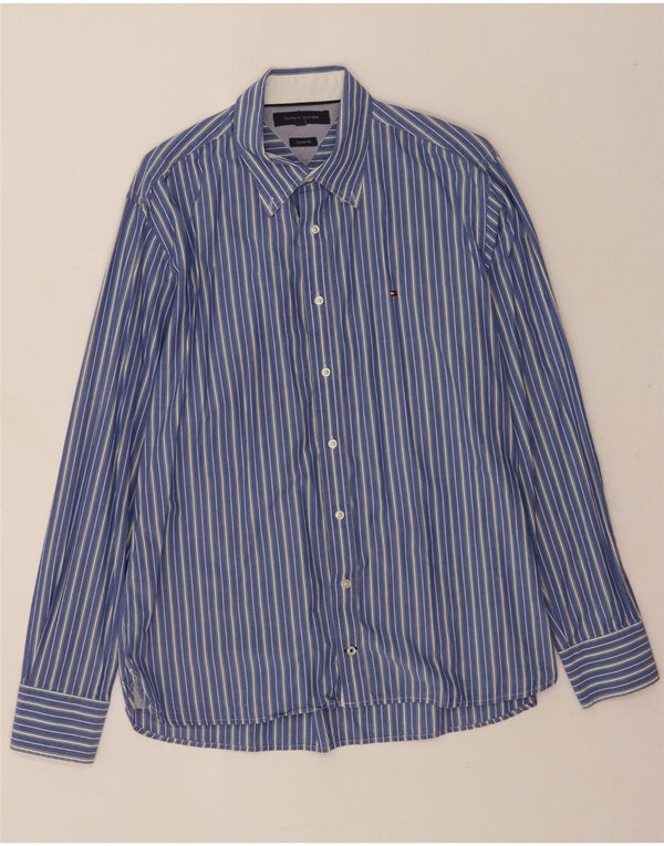 Tommy Hilfiger Mens Custom Fit Shirt Large Blue Striped Cotton
