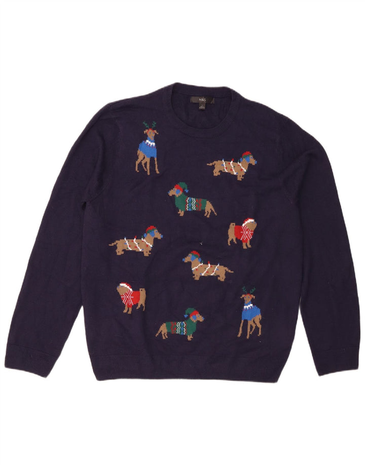 Marks & Spencer Męski sweter z okrągłym dekoltem, duży, granatowy Fair Isle