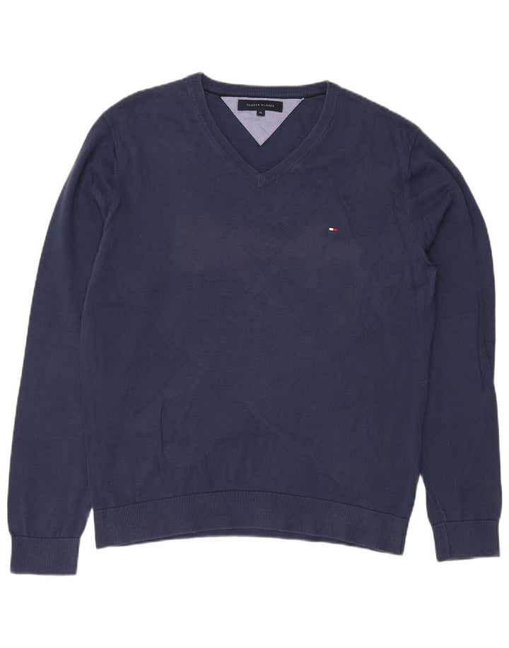 TOMMY HILFIGER Męski sweter z dekoltem w kształcie litery V XL, granatowy, bawełniany