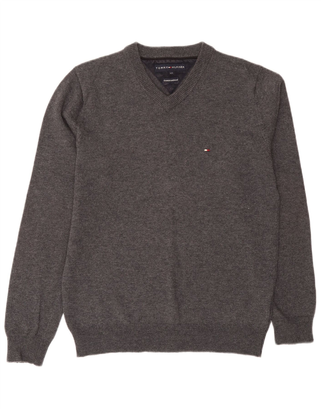 Męski sweter Tommy Hilfiger z dekoltem w kształcie litery V, mały, szary, z owczej wełny