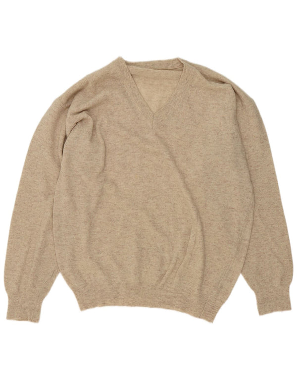 Sweter męski w stylu vintage z dekoltem w szpic, duży, beżowy, wełniany