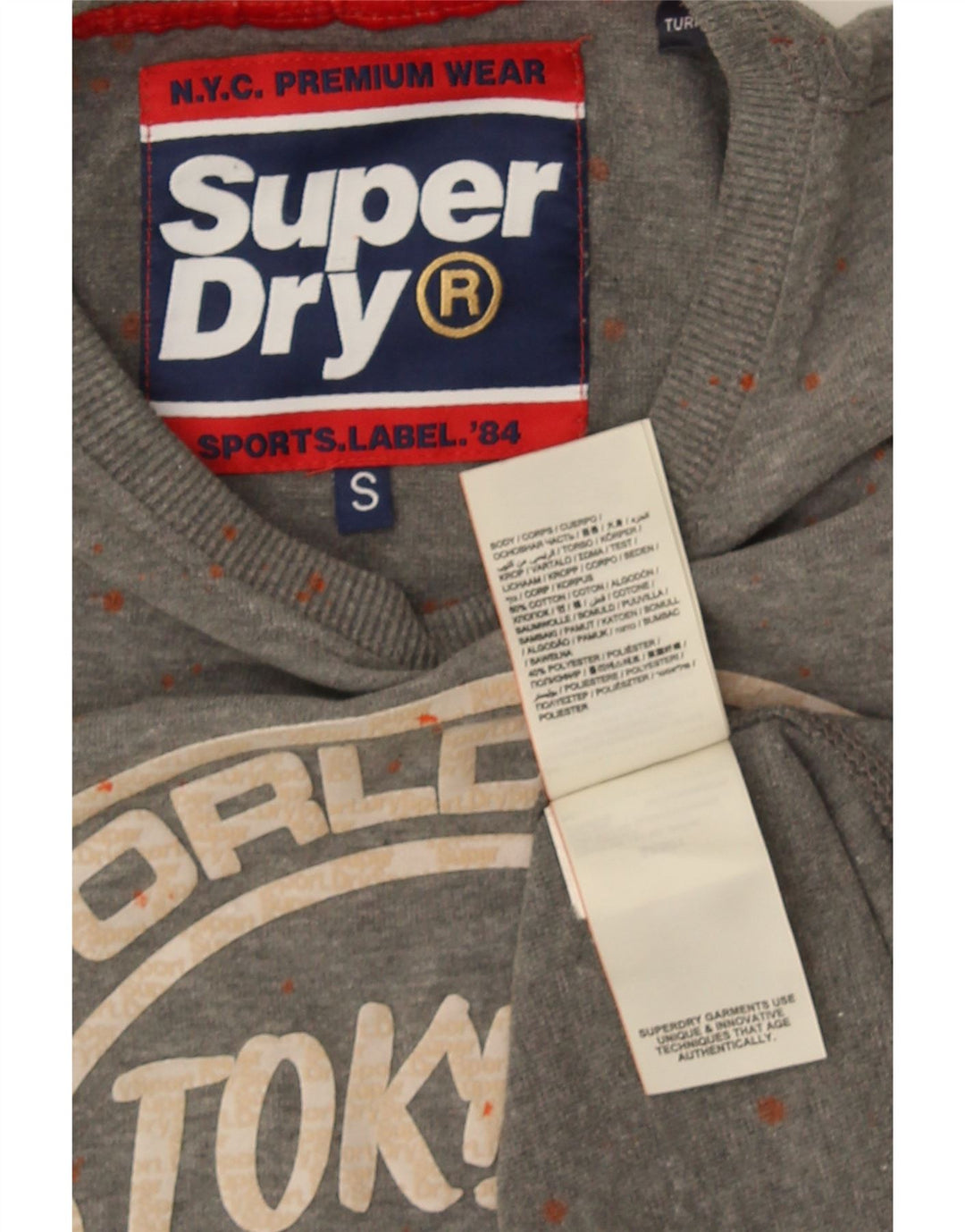 Męski T-shirt z grafiką Superdry, mały, szary, bawełniany w cętki