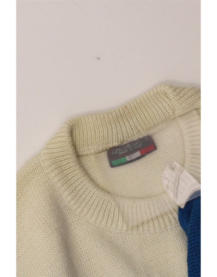 Vintage męski sweter z okrągłym dekoltem, duży, niebieski, wełniany blok kolorów