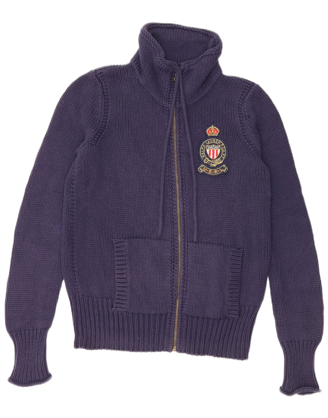 RALPH LAUREN Damski sweter kardigan UK 14 Średni granatowy, bawełniany