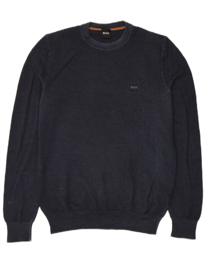 Męski sweter z okrągłym dekoltem Hugo Boss, średni granatowy, dziewicza wełna