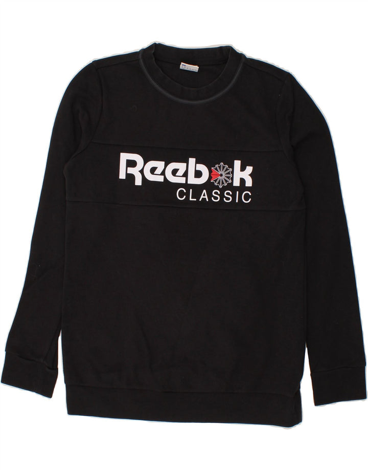 REEBOK Womens Classic Graphic Sweatshirt Jumper UK 12/14 Medium Black Vintage Reebok and Second-Hand Reebok from Messina Hembry 