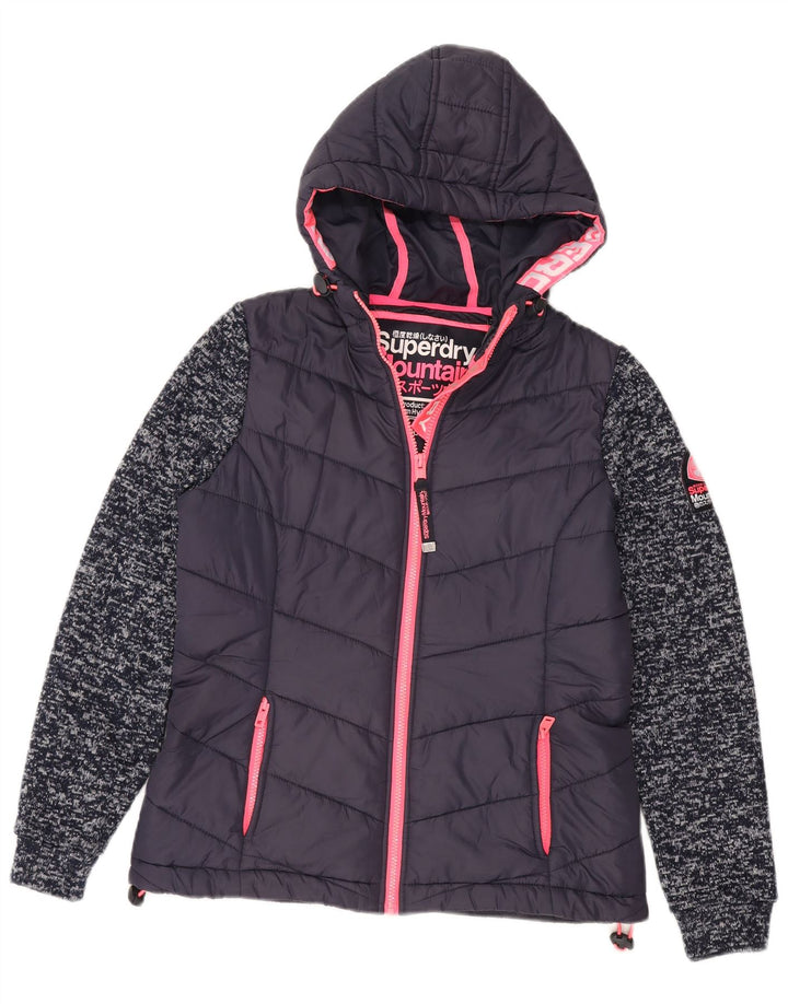Damska wyściełana kurtka z kapturem Superdry UK 12 Średni granatowy nakrapiany