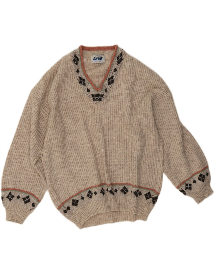 Vintage męski sweter z dekoltem w kształcie litery V, średnio beżowy, geometryczny