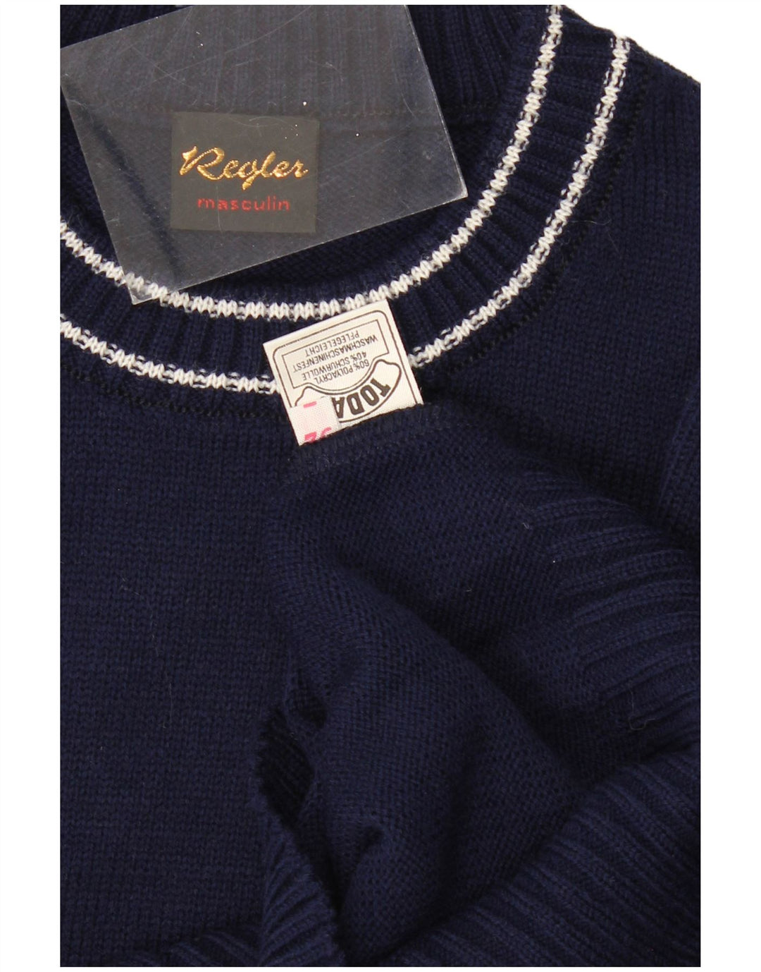 Męski sweter z okrągłym dekoltem w stylu VINTAGE IT 52, duży, granatowy, poliakryl