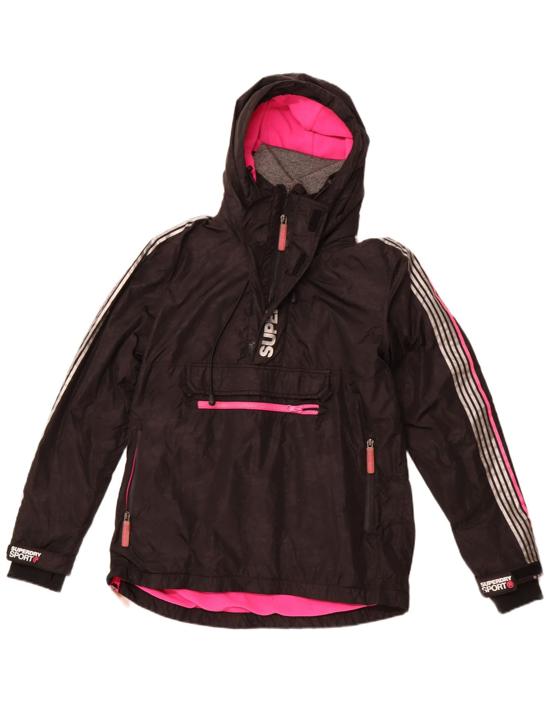 SUPERDRY Damska kurtka Anorak z kapturem i grafiką UK 8, mały, czarny nylon